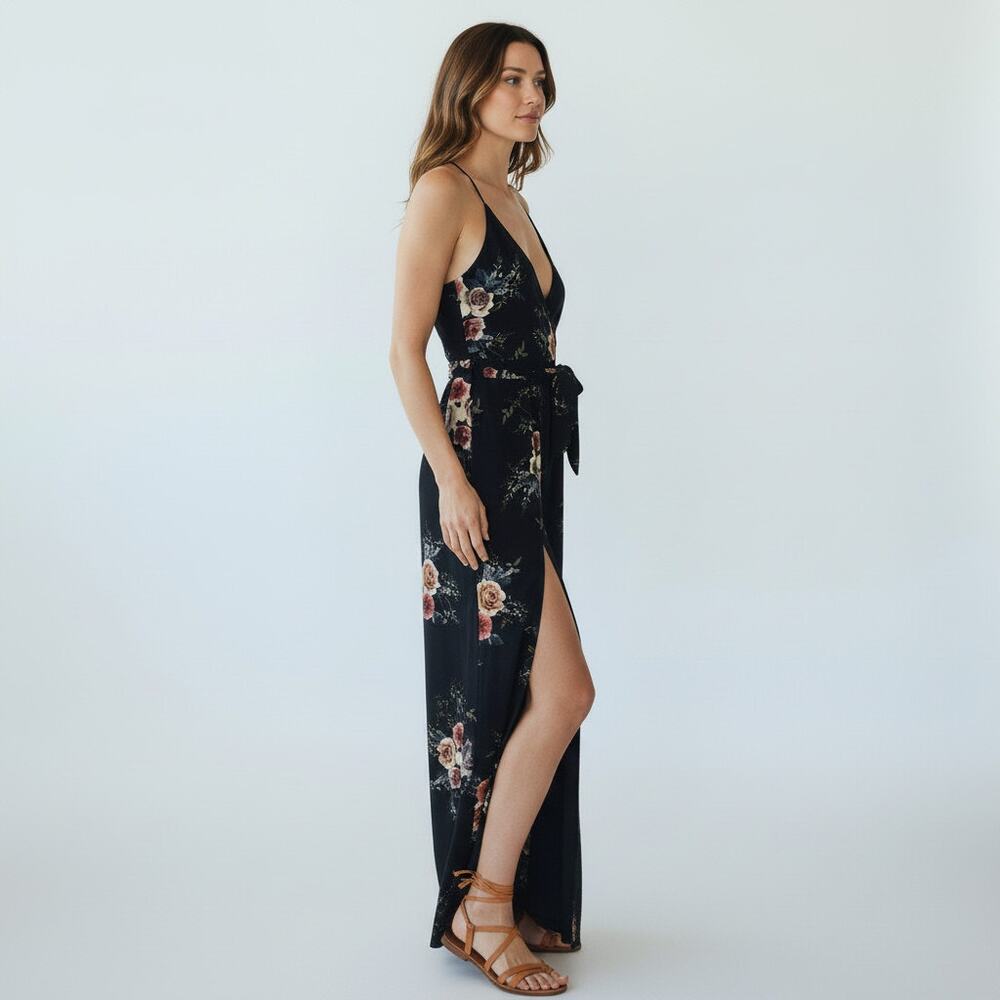 Luxxel Jumpsuit Womens Dark Floral Wide Leg with Slit Empire Waist with Belt, M